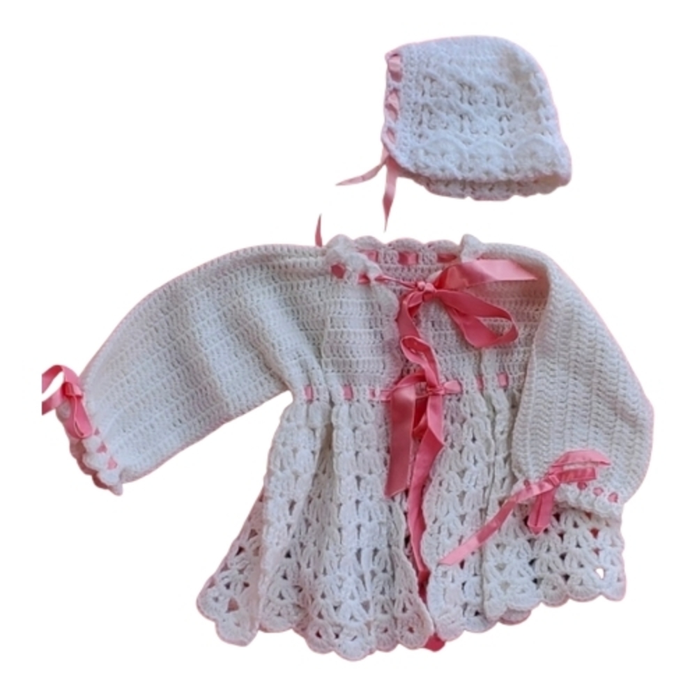 Handmade Crochet Baby Set - White and Pink